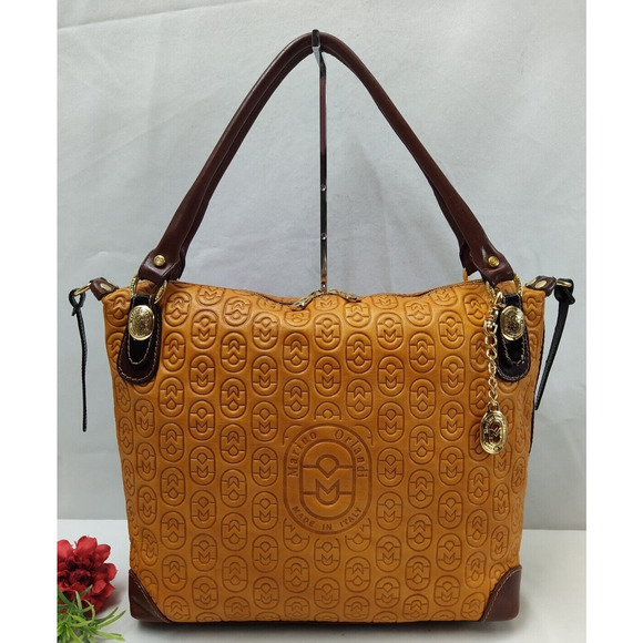 Marino Orlandi Mustard Leather Logo Embossed Top Handle Satchel Shoulder Bag - Picture 1 of 16
